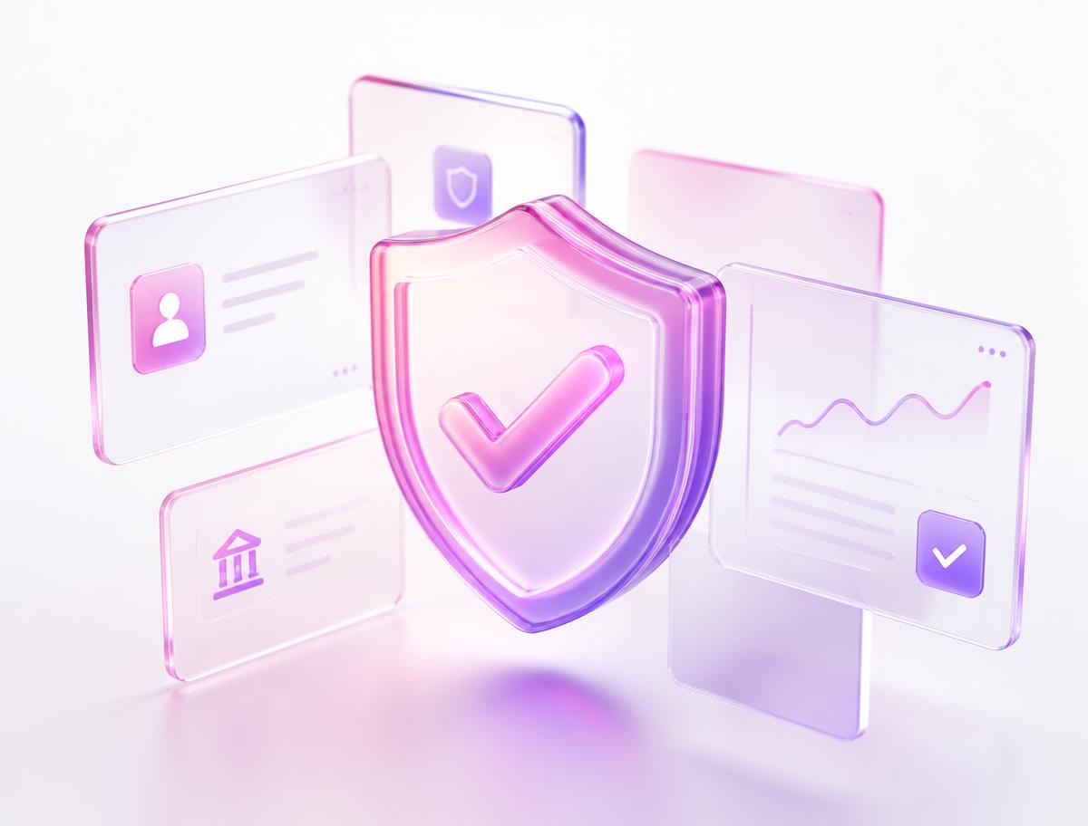 Verified account shield with glass document cards